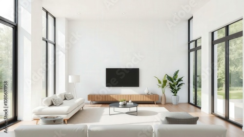 Modern Minimalist Living Room with White Sofas, Wooden Coffee Table, and Large Windows for Natural Light