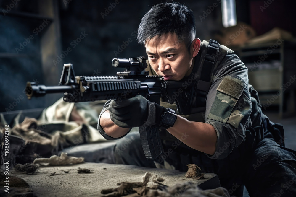 Chinese soldier in tactical gear aiming a rifle during a nighttime training exercise in a dimly lit training facility Chinese soldier in tactical gear aiming a rifle during a nighttime training exercise in a dimly lit training facility
