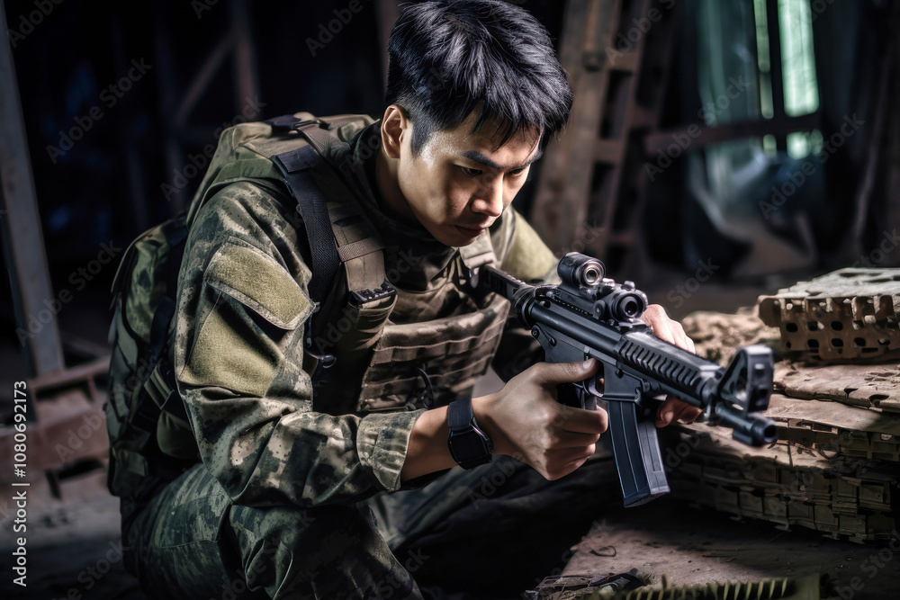Chinese soldier carefully examines his weapon while seated in a dimly lit military environment during a training exercise Chinese soldier carefully examines his weapon while seated in a dimly lit military environment during a training exercise