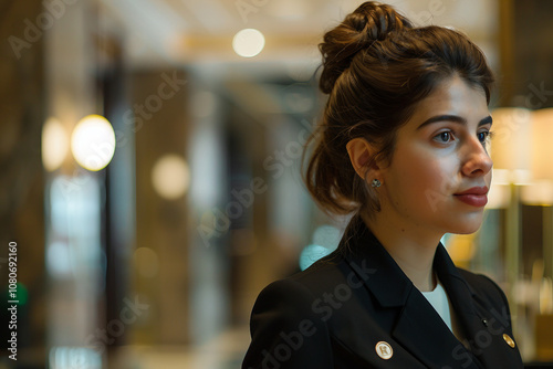 Generative AI Image of Smiling Female Receptionist at Hotel Lobby Desk photo