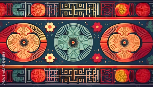 A traditional Korean pattern featuring -Dancheong- designs, with vibrant colors