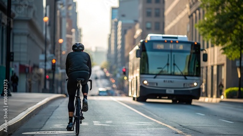 Photo of a cyclist riding next to a bus on a city street, taken from behind.