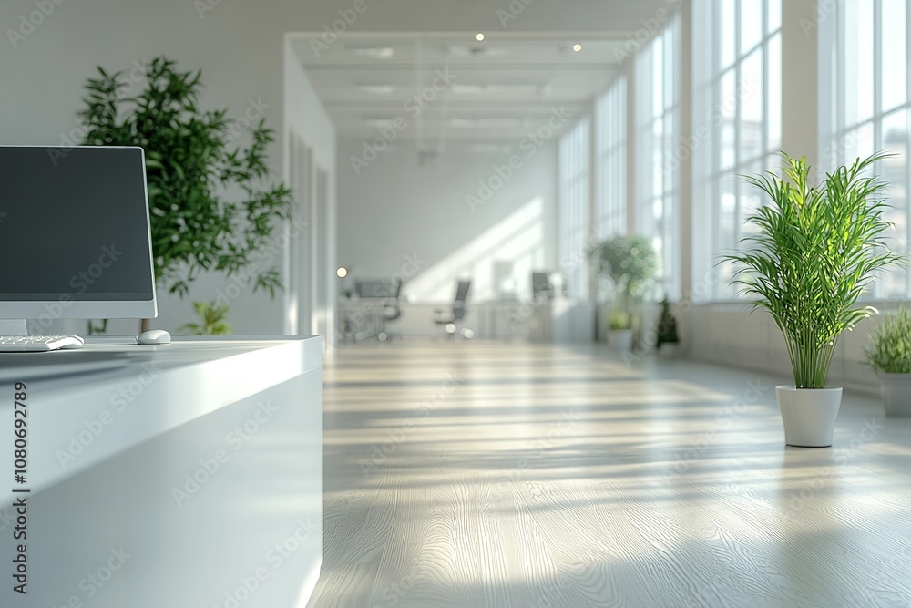 A blurry picture of the interior of a white open office space. Generative Ai A blurry picture of the interior of a white open office space. Generative Ai