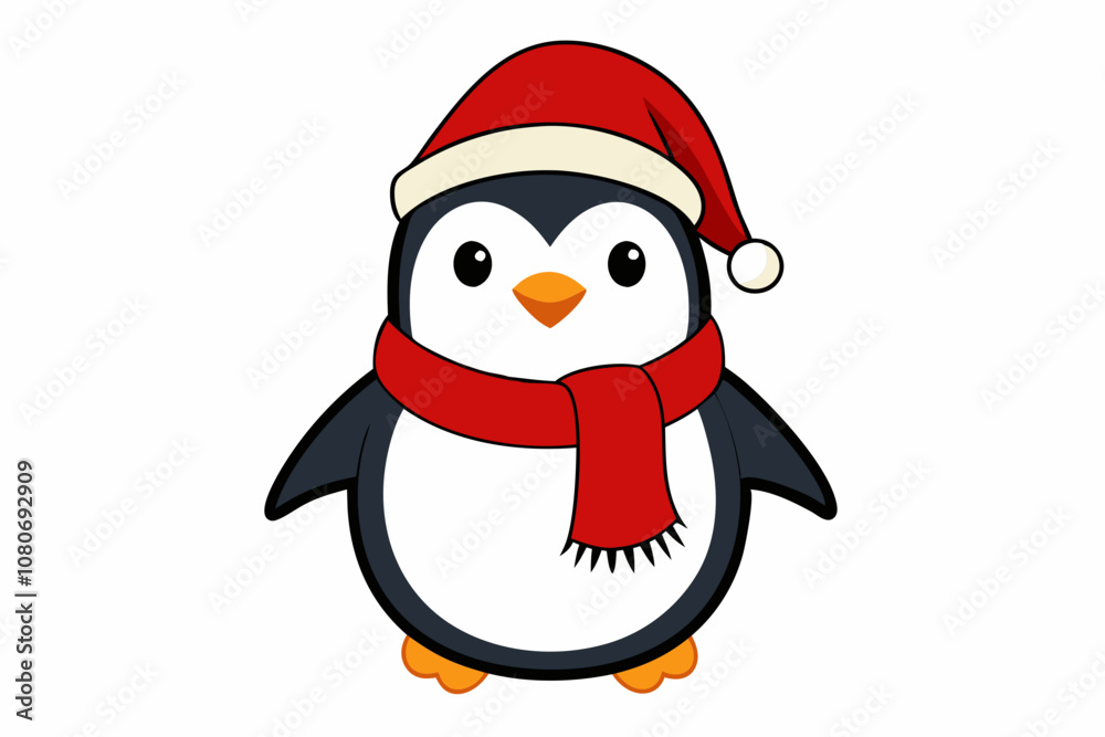 Christmas Penguin with Santa Hat and Scarf, Vector Outline of A cute Penguin on white background Christmas Penguin with Santa Hat and Scarf, Vector Outline of A cute Penguin on white background