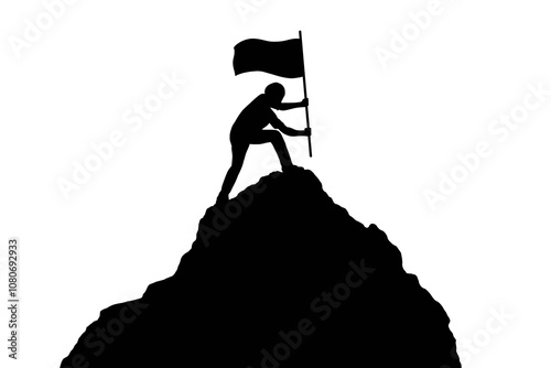 A silhouette of a person holding a flag at the summit of a mountain, symbolizing achievement and perseverance.