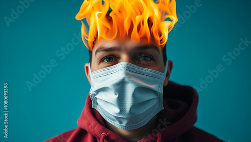 Coronavirus fraud and covid-19 scams or medical lies and conspiracy theory as a virus scammer spreading false medical information. Burning medical mask. Coronavirus cincept. photo