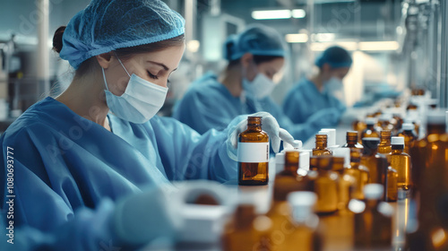Young lab assistants in blue medical gowns and masks packaging cosmetics in a modern factory with vivid colors and cinematic style