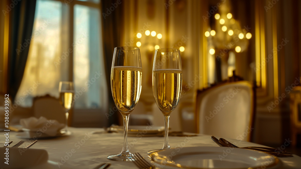 Two glasses of champagne sit on the table in an elegant dining room. A luxurious wedding party is taking place, Two glasses of champagne sit on the table in an elegant dining room. A luxurious wedding party is taking place,