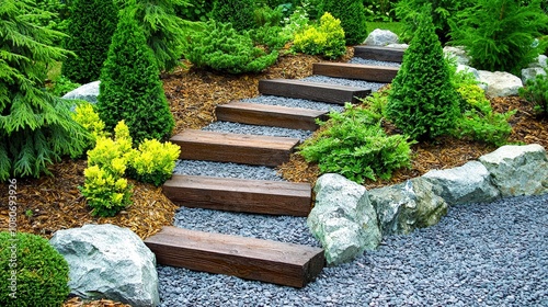 A garden pathway meandering through carefully placed stones and plants, creating a peaceful atmosphere.