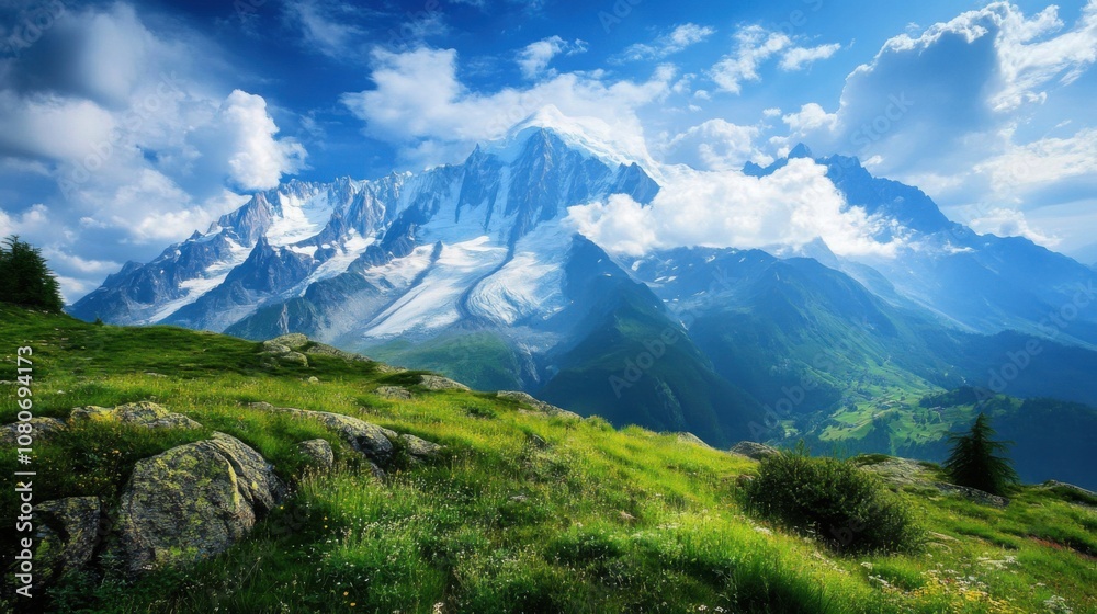 Fototapeta premium Majestic mountain landscape under a vibrant sky with lush greenery.