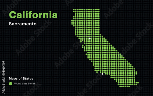 Creative Dotted Map of California with capital Sacramento. Round dots. United States maps