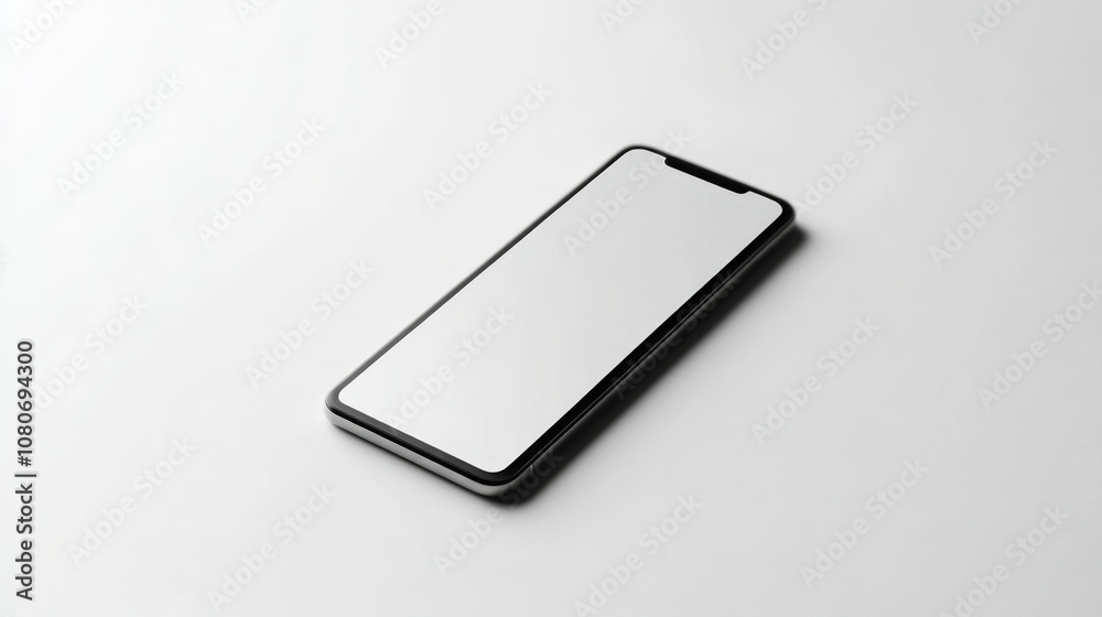 Smartphone with a blank screen lying flat on a white surface, Smartphone with a blank screen lying flat on a white surface,