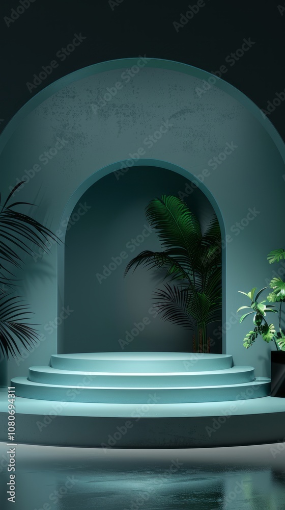 Fototapeta premium Stylish minimalist interior featuring an arched doorway, tropical plants, and soft lighting, ideal for contemporary home decor and architectural inspiration.