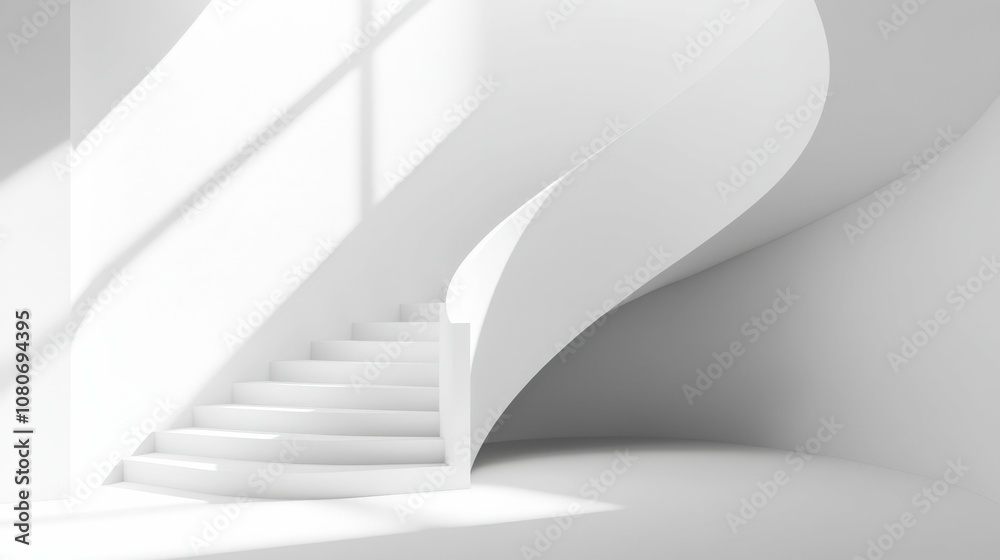 Fototapeta premium White staircase spiraling upward, minimalist bright lighting,