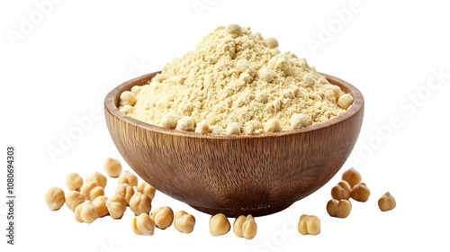 Raw chickpea flour in a wooden bowl on a transparent background. isolated background.