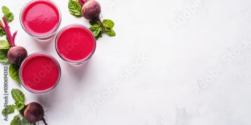 Refreshing Beetroot Juice,  Three Glasses of Vibrant Pink Smoothie with Fresh Beetroots and Mint Leaves