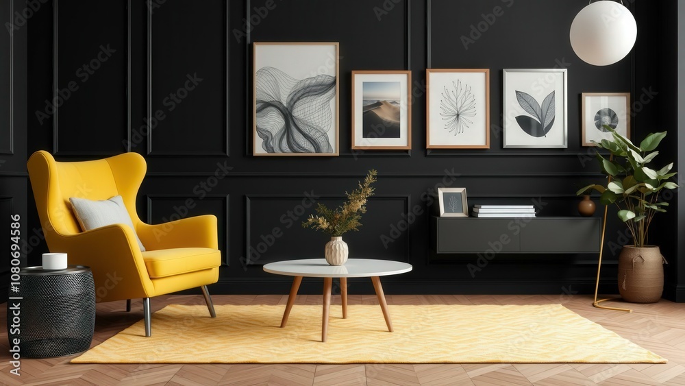 Elegant Modern Living Room with Yellow Armchair and Black Wall Art Perfect for Cozy Relaxation and Stylish Decor Elegant Modern Living Room with Yellow Armchair and Black Wall Art Perfect for Cozy Relaxation and Stylish Decor