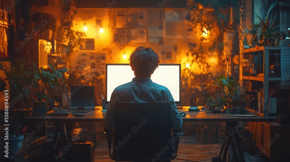 Mockup of Man Working on Computer with Blank Screen for Business Design Mockup of Man Working on Computer with Blank Screen for Business Design