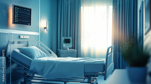 A hospital bed in a bright room with medical equipment and an electronic display, showcasing a serene healthcare environment