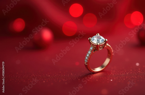 A detailed close up of a beautiful gold ring featuring a diamonds on a red bokeh background