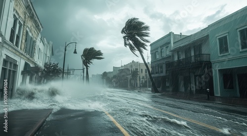 A dark, stormy street scene shows high winds and flooding, with strong waves crashing against buildings and palm trees bending in the powerful gusts. photo