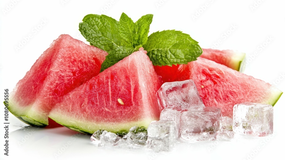 detailed view of fresh watermelon slices with ice cubes and mint leaves, on a clear white background, refreshing look detailed view of fresh watermelon slices with ice cubes and mint leaves, on a clear white background, refreshing look