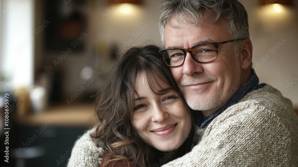 of a white man with glasses embracing a smiling brunette woman in a cozy kitchen, morning light enhances warmth, relaxed mood of a white man with glasses embracing a smiling brunette woman in a cozy kitchen, morning light enhances warmth, relaxed mood