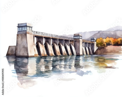 Watercolor illustration of a dam with a serene reflection on the water. photo