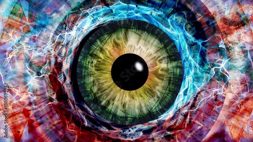 Close-up of a human iris with psychedelic multicolored patterns