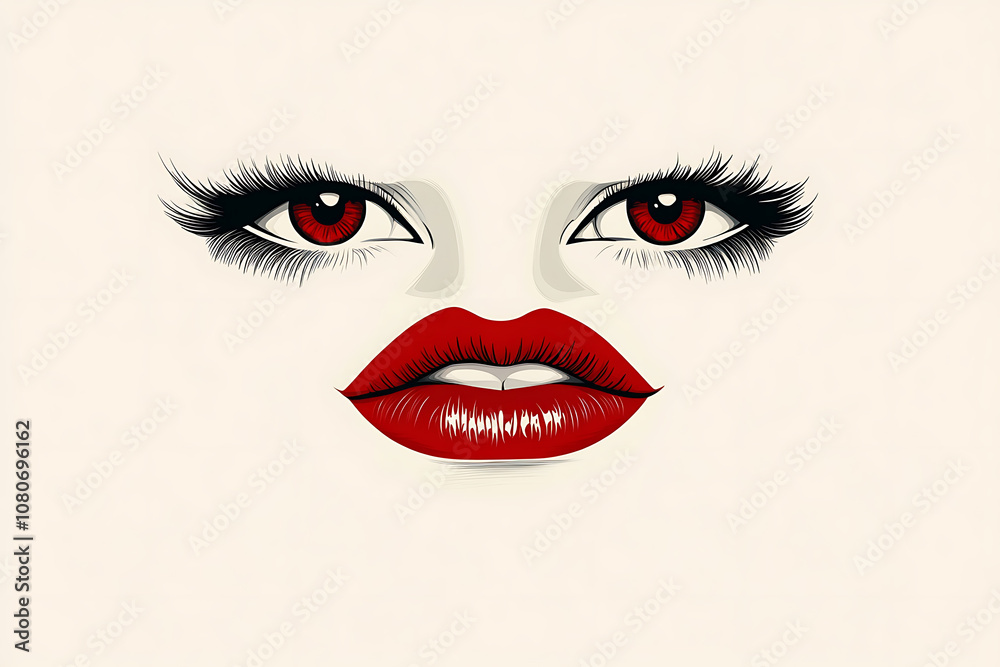 Minimalistic illustration featuring bold, stylized eyes and red lips centered on a blank background, creating a striking, modern aesthetic Minimalistic illustration featuring bold, stylized eyes and red lips centered on a blank background, creating a striking, modern aesthetic