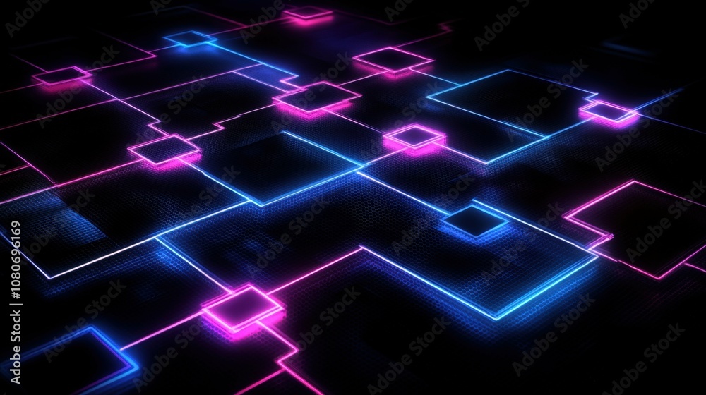Abstract network of glowing digital squares in blue and purple tones, symbolizing technology and connectivity on dark background Abstract network of glowing digital squares in blue and purple tones, symbolizing technology and connectivity on dark background