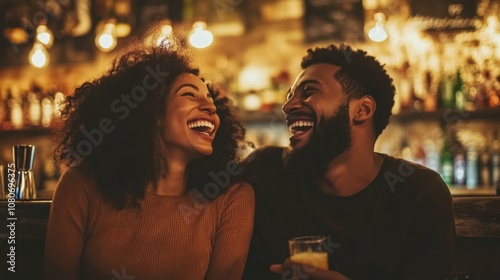 a couple laughing and chatting at a bar, warm ambient light highlights their expressions, waist-up shot, cozy bar interior,