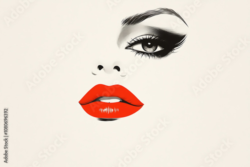 Minimalistic illustration featuring bold, stylized eyes and red lips centered on a blank background, creating a striking, modern aesthetic