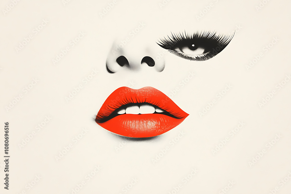 Minimalistic illustration featuring bold, stylized eyes and red lips centered on a blank background, creating a striking, modern aesthetic Minimalistic illustration featuring bold, stylized eyes and red lips centered on a blank background, creating a striking, modern aesthetic