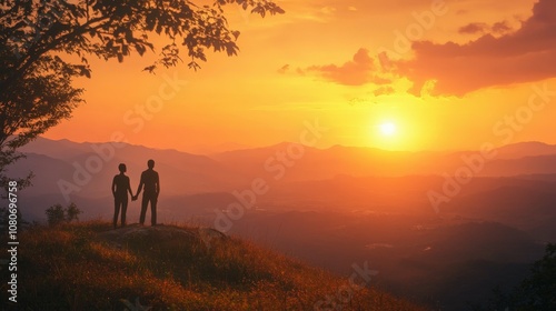 Black couple watching the sunset from a hilltop, holding hands, golden light illuminating their silhouettes, vast landscape view,