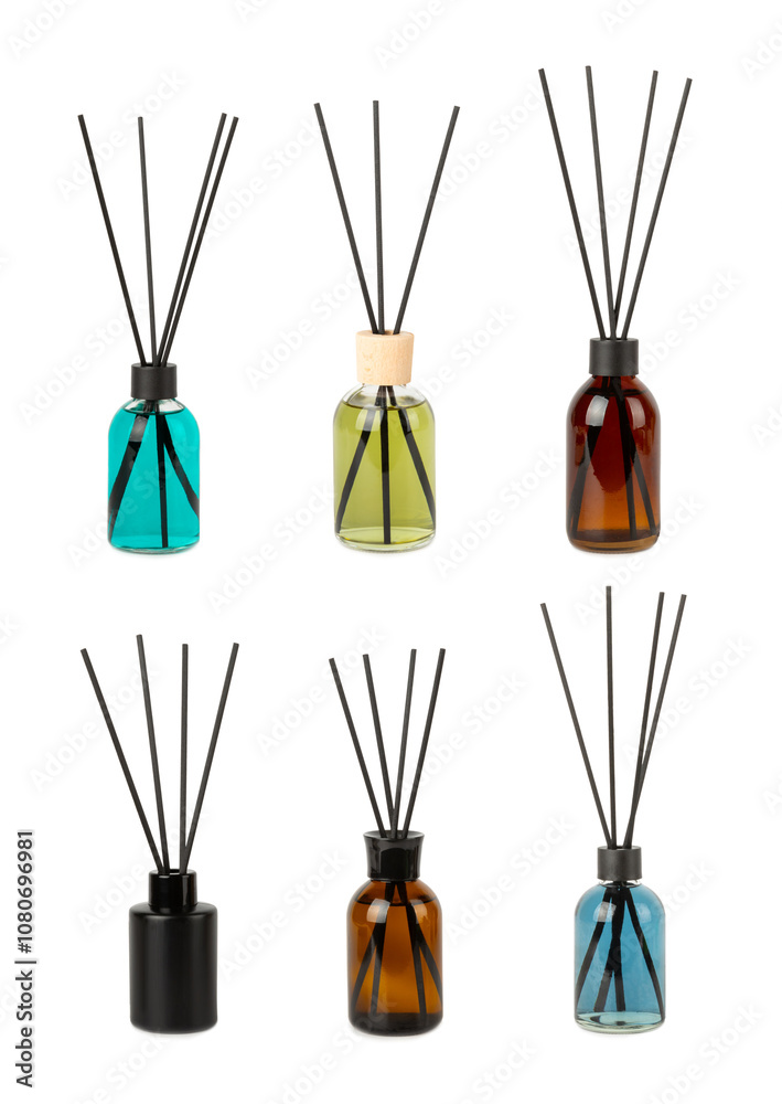 Fototapeta premium Aromatic reed air freshener isolated on white background.Diffuser with natural fruity, floral, spicy aroma.interior scent. Luxury perfume for the home.