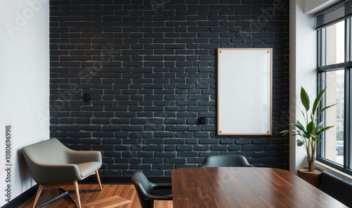 Modern Office Space with Black Brick Wall, Wooden Table, and Comfortable Chairs for Productive Meetings photo