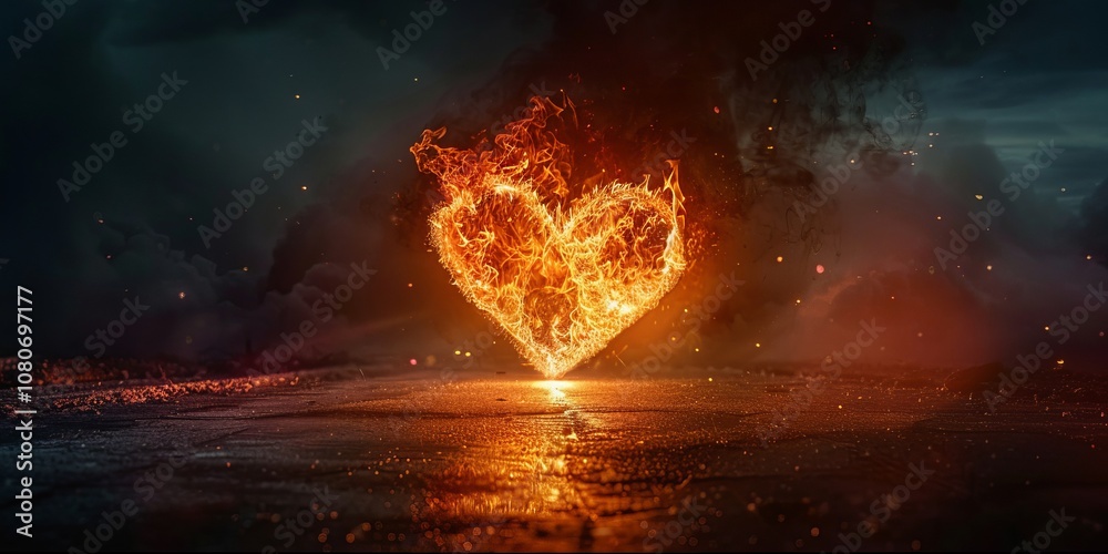A heart-shaped fire burning brightly against a dark background for Valentine's Day. A heart-shaped fire burning brightly against a dark background for Valentine's Day.