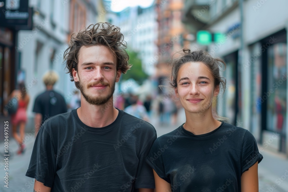 Fototapeta premium Portrait of a satisfied couple in their 20s dressed in a casual t-shirt isolated in busy urban street