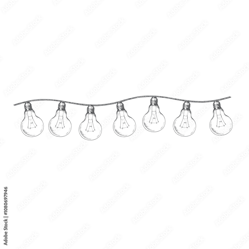 Christmas garland with lightbulbs on ware. Graphics illustration. Composition can be used on wrapping paper, Christmas textiles, gift and postcard, also on advent calendar. Christmas garland with lightbulbs on ware. Graphics illustration. Composition can be used on wrapping paper, Christmas textiles, gift and postcard, also on advent calendar.