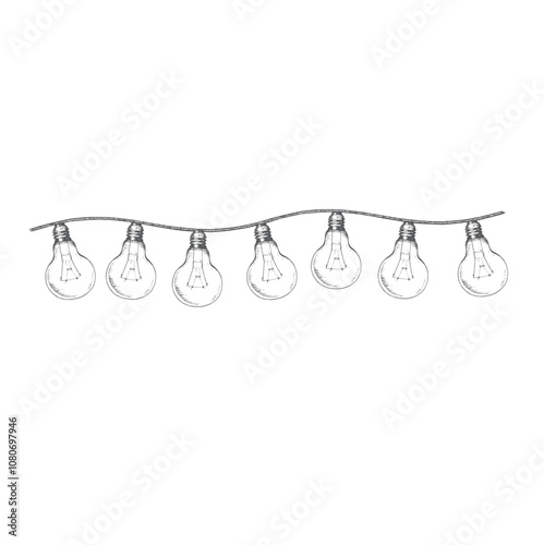 Christmas garland with lightbulbs on ware. Graphics illustration. Composition can be used on wrapping paper, Christmas textiles, gift and postcard, also on advent calendar.