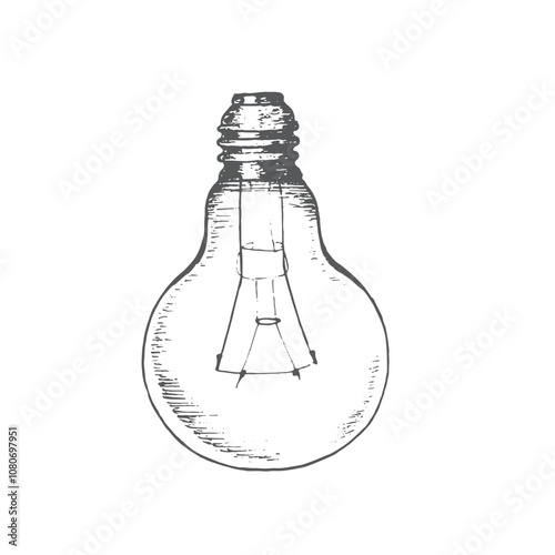 Electric glass bulb made in graphics isolated on white background. Hand drawn illustration incandescent light bulb which use to represent energy or idea, innovation in design.