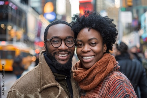 Portrait of a joyful afro-american couple in their 30s dressed in a warm wool sweater in busy urban street