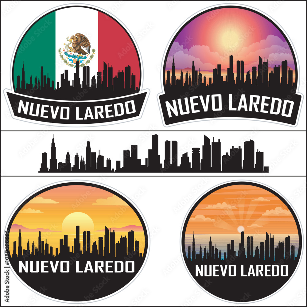 Fototapeta premium Nuevo Laredo Mexico Flag Skyline Cityscape Silhouette Travel Souvenir Sticker Isolated Vector