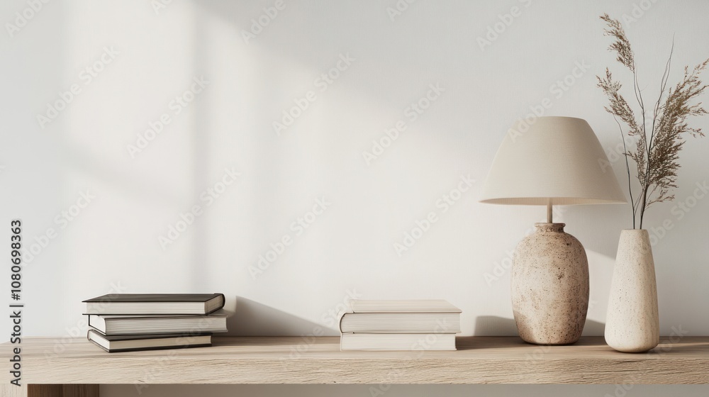 Minimalist Home Decor with Books, Lamp and Vase Minimalist Home Decor with Books, Lamp and Vase