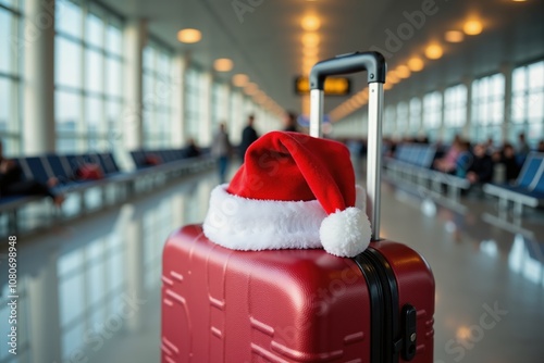 Red suitcase with santa hat in airport terminal: holiday travel vibes and festive journey. photo