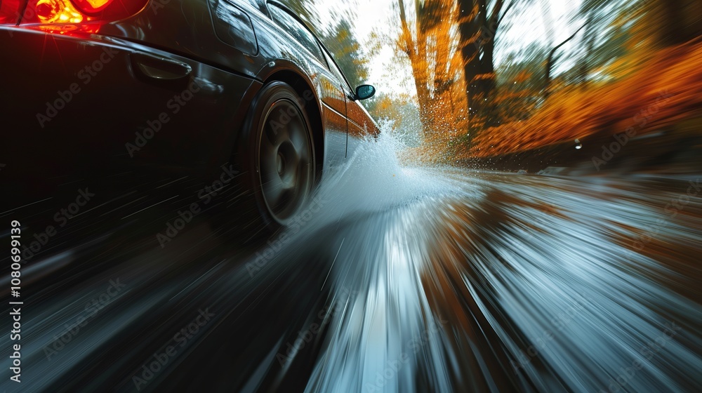 Obraz premium A car speeds through a puddle, creating a spray of water. The motion blur creates a sense of speed and energy.