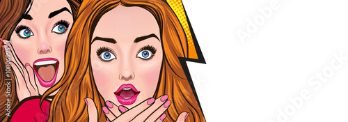 Woman whispering gossip or secret to her friend surprise In Retro Vintage Pop Art Comic