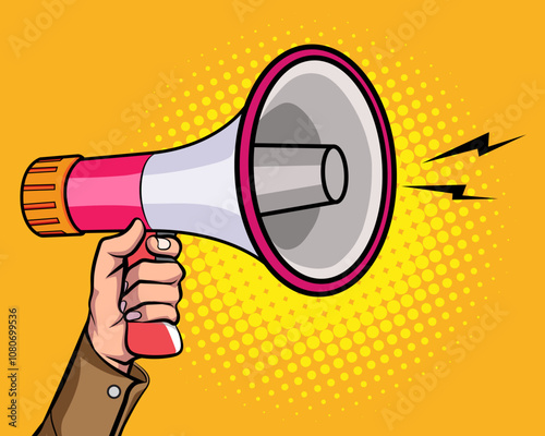 Hand holds megaphone bullhorn in retro pop art comic style  Loudspeaker Business banner