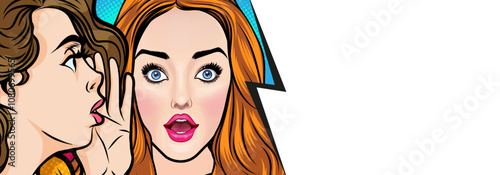 Woman whispering gossip or secret to her friend surprise In Retro Vintage Pop Art Comic
